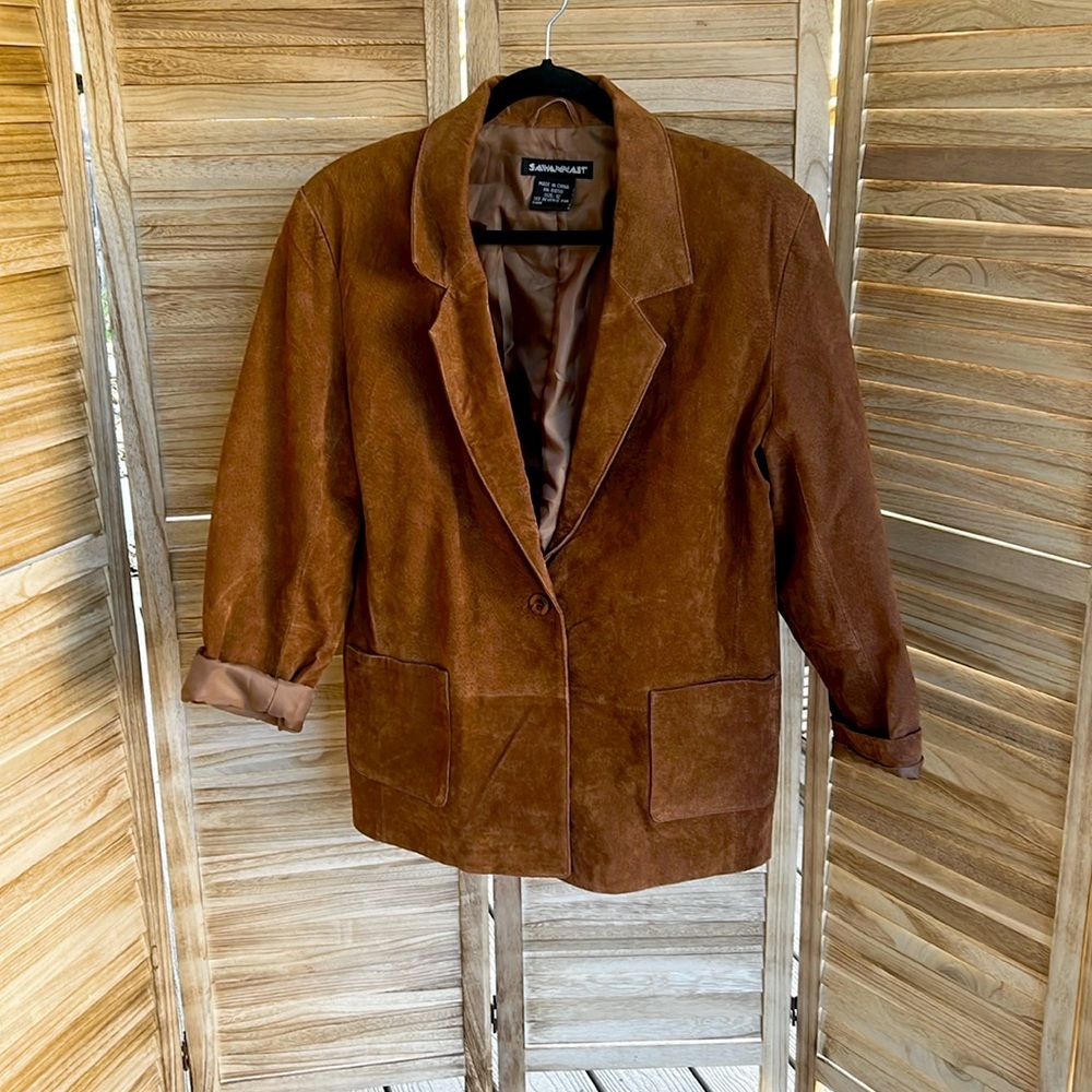 (12) Savannah 80s brown leather suede blazer one button